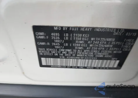 2015 Subaru Outback 2.5I Limited z USA, uszkodzony, nr VIN 4S4BSANC9F3312333